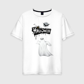 Женская футболка хлопок Oversize с принтом праздник HALLOWEEN в Санкт-Петербурге, 100% хлопок | свободный крой, круглый ворот, спущенный рукав, длина до линии бедер
 | летучая мышь | приведения | старинный замок
