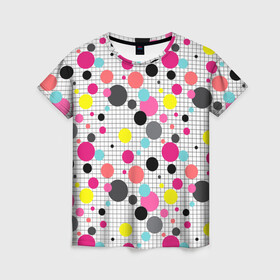 Женская футболка 3D с принтом Горох разноцветный. в Санкт-Петербурге, 100% полиэфир ( синтетическое хлопкоподобное полотно) | прямой крой, круглый вырез горловины, длина до линии бедер | абстрактный | в горошек | горох | детский | клетчатый | разноцветный горох | современный | узор в клетку