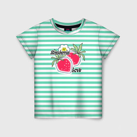 Детская футболка 3D с принтом Цветы и ягоды земляники  в Санкт-Петербурге, 100% гипоаллергенный полиэфир | прямой крой, круглый вырез горловины, длина до линии бедер, чуть спущенное плечо, ткань немного тянется | детский | зеленый | земляника | красный | малышам | полосатый | современный | цветы | ягодный паттерн | ягоды