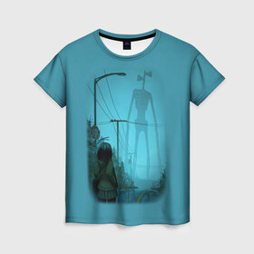 Женская футболка 3D с принтом СИРЕНОГОЛОВЫЙ И ДЕВОЧКА в Санкт-Петербурге, 100% полиэфир ( синтетическое хлопкоподобное полотно) | прямой крой, круглый вырез горловины, длина до линии бедер | siren head | гуманоид | игра | монстр | сиреноголовый | существо | хоррор