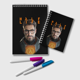 Блокнот с принтом HALF-LIFE | FREEMAN | ФРИМАН (Z) в Санкт-Петербурге, 100% бумага | 48 листов, плотность листов — 60 г/м2, плотность картонной обложки — 250 г/м2. Листы скреплены удобной пружинной спиралью. Цвет линий — светло-серый
 | aperture laboratories | black mesa | gordon freeman | half life | half life 3 | valve | блэк меса | вэлв | гордон фриман | халф лайф