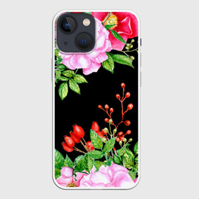 Чехол для iPhone 13 mini с принтом Цветущий шиповник на черном в Санкт-Петербурге,  |  | акварель | акварельный | вечерний | женственная | женственный | листья | плоды | цветочки | цветочный | цветы | черный | шиповник | ягоды