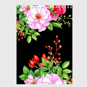 Скетчбук с принтом Цветущий шиповник на черном в Санкт-Петербурге, 100% бумага
 | 48 листов, плотность листов — 100 г/м2, плотность картонной обложки — 250 г/м2. Листы скреплены сверху удобной пружинной спиралью | акварель | акварельный | вечерний | женственная | женственный | листья | плоды | цветочки | цветочный | цветы | черный | шиповник | ягоды