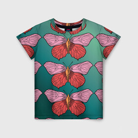 Детская футболка 3D с принтом Зеленый принт с бабочками :) в Санкт-Петербурге, 100% гипоаллергенный полиэфир | прямой крой, круглый вырез горловины, длина до линии бедер, чуть спущенное плечо, ткань немного тянется | бабочки | градиент | графический | грустный | зеленый | меланхолия | насекомые | ретро | розовый | странный