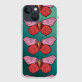 Чехол для iPhone 13 mini с принтом Зеленый принт с бабочками :) в Санкт-Петербурге,  |  | бабочки | градиент | графический | грустный | зеленый | меланхолия | насекомые | ретро | розовый | странный