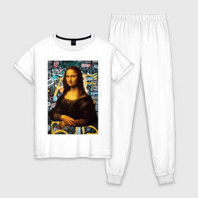 Женская пижама хлопок с принтом Jaconda в Санкт-Петербурге, 100% хлопок | брюки и футболка прямого кроя, без карманов, на брюках мягкая резинка на поясе и по низу штанин | граффити | девушка | джаконда | женщина | известная картина | картина | классика | мона лиза | раритет | уличный стиль