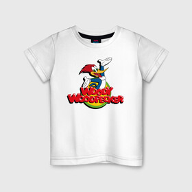 Детская футболка хлопок с принтом Дятел Вуди лого в Санкт-Петербурге, 100% хлопок | круглый вырез горловины, полуприлегающий силуэт, длина до линии бедер | animals | cartoon | character | head | laughter | logo | woody woodpecker | дятел вуди | животные | лого | мультики | персонаж | смех