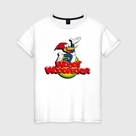 Женская футболка хлопок с принтом Дятел Вуди лого в Санкт-Петербурге, 100% хлопок | прямой крой, круглый вырез горловины, длина до линии бедер, слегка спущенное плечо | animals | cartoon | character | head | laughter | logo | woody woodpecker | дятел вуди | животные | лого | мультики | персонаж | смех