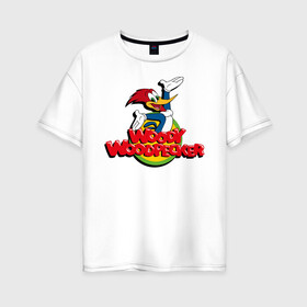 Женская футболка хлопок Oversize с принтом Дятел Вуди лого в Санкт-Петербурге, 100% хлопок | свободный крой, круглый ворот, спущенный рукав, длина до линии бедер
 | animals | cartoon | character | head | laughter | logo | woody woodpecker | дятел вуди | животные | лого | мультики | персонаж | смех