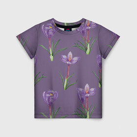 Детская футболка 3D с принтом Цветы шафрана на фиолетовом в Санкт-Петербурге, 100% гипоаллергенный полиэфир | прямой крой, круглый вырез горловины, длина до линии бедер, чуть спущенное плечо, ткань немного тянется | 8 марта | flowers | march 8 | spring | ботаническая иллюстрация | весна | день рождения | зеленый | лето | любовь | праздник | принт | природа | растения | фиолетовый | цветы | шафран
