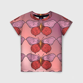 Детская футболка 3D с принтом Розовый принт с бабочками  в Санкт-Петербурге, 100% гипоаллергенный полиэфир | прямой крой, круглый вырез горловины, длина до линии бедер, чуть спущенное плечо, ткань немного тянется | бабочки | градиент | грустый | меланхолия | мотылек | насекомые | розовый | цветочки