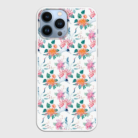 Чехол для iPhone 13 Pro Max с принтом Журавли и хризантемы в Санкт-Петербурге,  |  | журавли | паттерн | хризантемы | цапля | цветы