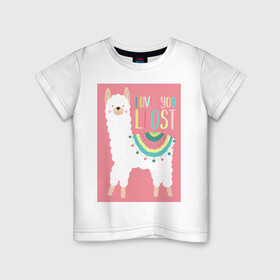 Детская футболка хлопок с принтом Милашка лама в Санкт-Петербурге, 100% хлопок | круглый вырез горловины, полуприлегающий силуэт, длина до линии бедер | kawaii | pink | домашние животные | звери | лама | мило | надпись | пончо | радуга | розовый | румяна | ферма | фермерские животные