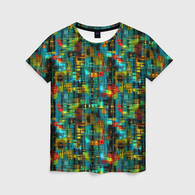 Женская футболка 3D с принтом Разноцветные штрихи на бирюзе в Санкт-Петербурге, 100% полиэфир ( синтетическое хлопкоподобное полотно) | прямой крой, круглый вырез горловины, длина до линии бедер | абстрактный | бирюзовый | вкрапления | детский | красный | модный | молодежный | штрихи