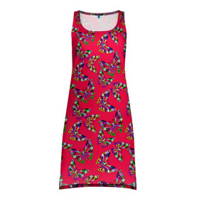 Платье-майка 3D с принтом Бабочки на красном в Санкт-Петербурге, 100% полиэстер | полуприлегающий силуэт, широкие бретели, круглый вырез горловины, удлиненный подол сзади. | веселый узор | весенний | детский | для девочек | красный | летний | лето | малышам | разноцветный узор
