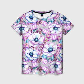 Женская футболка 3D с принтом Анемоны - цветочный ковер в Санкт-Петербурге, 100% полиэфир ( синтетическое хлопкоподобное полотно) | прямой крой, круглый вырез горловины, длина до линии бедер | акварель | акварельный | анемон | анемоны | ковер | листья | сиреневый | цветочки | цветочный | цветы