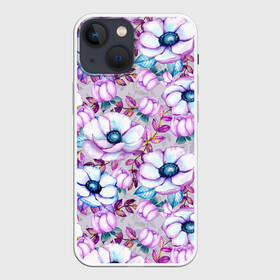Чехол для iPhone 13 mini с принтом Анемоны   цветочный ковер в Санкт-Петербурге,  |  | акварель | акварельный | анемон | анемоны | ковер | листья | сиреневый | цветочки | цветочный | цветы