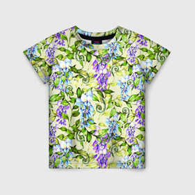Детская футболка 3D с принтом Глициния на бежевом фоне в Санкт-Петербурге, 100% гипоаллергенный полиэфир | прямой крой, круглый вырез горловины, длина до линии бедер, чуть спущенное плечо, ткань немного тянется | акварель | акварельный | беж | бежевый | глициния | женственная | женственный | листва | листья | сад | цветочки | цветочный | цветы