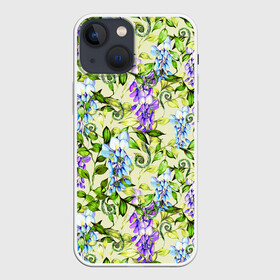 Чехол для iPhone 13 mini с принтом Глициния на бежевом фоне в Санкт-Петербурге,  |  | акварель | акварельный | беж | бежевый | глициния | женственная | женственный | листва | листья | сад | цветочки | цветочный | цветы