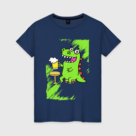 Женская футболка хлопок с принтом Пивозавр - Краска в Санкт-Петербурге, 100% хлопок | прямой крой, круглый вырез горловины, длина до линии бедер, слегка спущенное плечо | Тематика изображения на принте: dinosaur | pivo | pivozavr | динозавр | краска | прикол