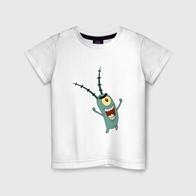 Детская футболка хлопок с принтом Планктон! в Санкт-Петербурге, 100% хлопок | круглый вырез горловины, полуприлегающий силуэт, длина до линии бедер | букашка | злобный учёный | одноглазый | планктон | улыбка. | шелдон джей