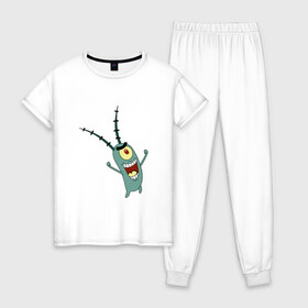 Женская пижама хлопок с принтом Планктон! в Санкт-Петербурге, 100% хлопок | брюки и футболка прямого кроя, без карманов, на брюках мягкая резинка на поясе и по низу штанин | букашка | злобный учёный | одноглазый | планктон | улыбка. | шелдон джей