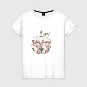 Женская футболка хлопок с принтом Волшебное яблоко в Санкт-Петербурге, 100% хлопок | прямой крой, круглый вырез горловины, длина до линии бедер, слегка спущенное плечо | крем | лист | пирожное | сердце | яблоко