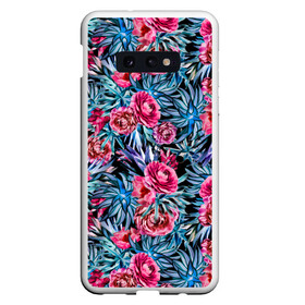 Чехол для Samsung S10E с принтом Тропические цветы  в Санкт-Петербурге, Силикон | Область печати: задняя сторона чехла, без боковых панелей | летний | розовый | синий | тропический узор | цветочный узор | цветы | экзотические цветы