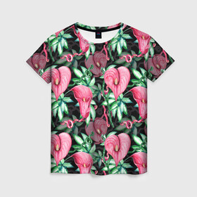 Женская футболка 3D с принтом Цветы в райском саду в Санкт-Петербурге, 100% полиэфир ( синтетическое хлопкоподобное полотно) | прямой крой, круглый вырез горловины, длина до линии бедер | вечерний | джунгли | калла | каллы | лианы | листва | листья | праздничный | райский | сад | темный | цветочки | цветочный | цветы