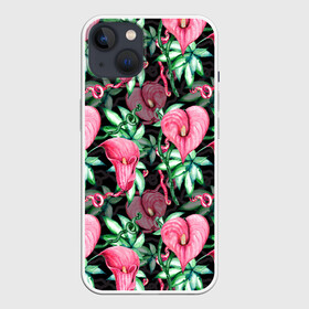 Чехол для iPhone 13 с принтом Цветы в райском саду в Санкт-Петербурге,  |  | вечерний | джунгли | калла | каллы | лианы | листва | листья | праздничный | райский | сад | темный | цветочки | цветочный | цветы