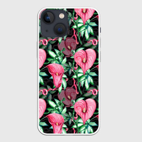 Чехол для iPhone 13 mini с принтом Цветы в райском саду в Санкт-Петербурге,  |  | вечерний | джунгли | калла | каллы | лианы | листва | листья | праздничный | райский | сад | темный | цветочки | цветочный | цветы