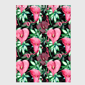 Скетчбук с принтом Цветы в райском саду в Санкт-Петербурге, 100% бумага
 | 48 листов, плотность листов — 100 г/м2, плотность картонной обложки — 250 г/м2. Листы скреплены сверху удобной пружинной спиралью | Тематика изображения на принте: вечерний | джунгли | калла | каллы | лианы | листва | листья | праздничный | райский | сад | темный | цветочки | цветочный | цветы