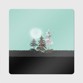 Магнит виниловый Квадрат с принтом Лес. Мозаичный узор  в Санкт-Петербурге, полимерный материал с магнитным слоем | размер 9*9 см, закругленные углы | бирюзовый | елка | ель | зима | картина | лес | луна горы | мозаика | новогодний | холмы