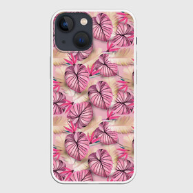 Чехол для iPhone 13 mini с принтом Розовый тропический узор в Санкт-Петербурге,  |  | бежевый | листья | пальмовые листья | розовые цветы | розовый | тропические цветы | цветочный