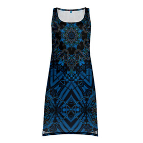 Платье-майка 3D с принтом Черно-синяя мандала .  в Санкт-Петербурге, 100% полиэстер | полуприлегающий силуэт, широкие бретели, круглый вырез горловины, удлиненный подол сзади. | калейдоскоп | круглый | модный | орнамент | синий | современный | темно синий | этнический