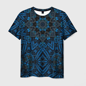 Мужская футболка 3D с принтом Черно-синяя мандала .  в Санкт-Петербурге, 100% полиэфир | прямой крой, круглый вырез горловины, длина до линии бедер | калейдоскоп | круглый | модный | орнамент | синий | современный | темно синий | этнический