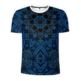Мужская футболка 3D спортивная с принтом Черно-синяя мандала .  в Санкт-Петербурге, 100% полиэстер с улучшенными характеристиками | приталенный силуэт, круглая горловина, широкие плечи, сужается к линии бедра | калейдоскоп | круглый | модный | орнамент | синий | современный | темно синий | этнический