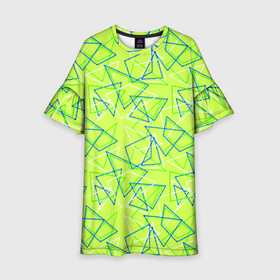 Детское платье 3D с принтом Абстрактный неоновый зеленый в Санкт-Петербурге, 100% полиэстер | прямой силуэт, чуть расширенный к низу. Круглая горловина, на рукавах — воланы | Тематика изображения на принте: абстрактный | геометрический | детский | зеленый | летний | неоновый | ретро | треугольники