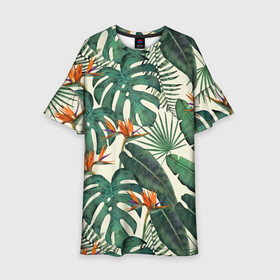Детское платье 3D с принтом Тропический паттерн в Санкт-Петербурге, 100% полиэстер | прямой силуэт, чуть расширенный к низу. Круглая горловина, на рукавах — воланы | азия | акварель | акварельный | банановые листья | ботанический | винтажный | зеленый | иллюстрация | лес | летний | лето | монстера | оранжевый | отпуск | пальмовые листья | стрелиция | тропики