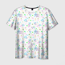 Мужская футболка 3D с принтом Детский абстрактный узор  в Санкт-Петербурге, 100% полиэфир | прямой крой, круглый вырез горловины, длина до линии бедер | Тематика изображения на принте: геометрические фигуры | детский | малышам | разноцветные треугольники | ретро