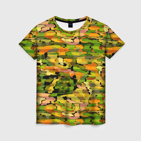 Женская футболка 3D с принтом Яркий осенний камуфляж в Санкт-Петербурге, 100% полиэфир ( синтетическое хлопкоподобное полотно) | прямой крой, круглый вырез горловины, длина до линии бедер | абстрактный | камуфляж | модный | молодежный | осень | полосатый | яркий осенний камуфляж