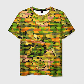 Мужская футболка 3D с принтом Яркий осенний камуфляж в Санкт-Петербурге, 100% полиэфир | прямой крой, круглый вырез горловины, длина до линии бедер | абстрактный | камуфляж | модный | молодежный | осень | полосатый | яркий осенний камуфляж