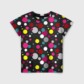Детская футболка 3D с принтом Разноцветный горох на черном  в Санкт-Петербурге, 100% гипоаллергенный полиэфир | прямой крой, круглый вырез горловины, длина до линии бедер, чуть спущенное плечо, ткань немного тянется | в горох | детский | для детей | желтый горох | клетка | красный | малышам | мальчиковый узор | разноцветный горох | темный | черный
