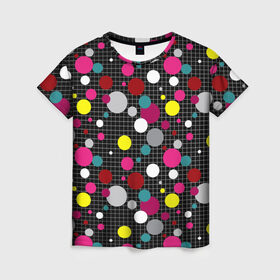 Женская футболка 3D с принтом Разноцветный горох на черном  в Санкт-Петербурге, 100% полиэфир ( синтетическое хлопкоподобное полотно) | прямой крой, круглый вырез горловины, длина до линии бедер | в горох | детский | для детей | желтый горох | клетка | красный | малышам | мальчиковый узор | разноцветный горох | темный | черный