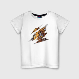 Детская футболка хлопок с принтом Тигр в Санкт-Петербурге, 100% хлопок | круглый вырез горловины, полуприлегающий силуэт, длина до линии бедер | большая кошка | животные. дикая кошка | звери | порезы | тигр | хищник | царапины