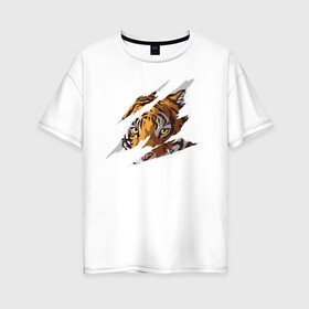 Женская футболка хлопок Oversize с принтом Тигр в Санкт-Петербурге, 100% хлопок | свободный крой, круглый ворот, спущенный рукав, длина до линии бедер
 | большая кошка | животные. дикая кошка | звери | порезы | тигр | хищник | царапины