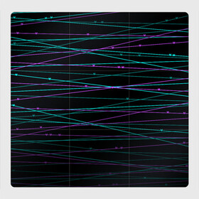 Магнитный плакат 3Х3 с принтом Неоновые тонкие нити  в Санкт-Петербурге, Полимерный материал с магнитным слоем | 9 деталей размером 9*9 см | Тематика изображения на принте: детский | любовь | неоновый узор | полосы | сердечки | сердце | темный | тонкие полоски | черный