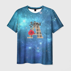 Мужская футболка 3D с принтом Монограмма Алина в Санкт-Петербурге, 100% полиэфир | прямой крой, круглый вырез горловины, длина до линии бедер | буква а | детский | красные цветы | молодежный | монограмма | синий | цветы