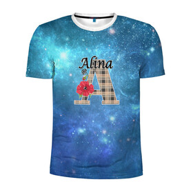Мужская футболка 3D спортивная с принтом Монограмма Алина в Санкт-Петербурге, 100% полиэстер с улучшенными характеристиками | приталенный силуэт, круглая горловина, широкие плечи, сужается к линии бедра | буква а | детский | красные цветы | молодежный | монограмма | синий | цветы
