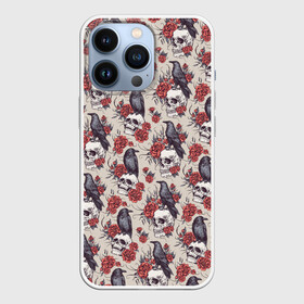 Чехол для iPhone 13 Pro с принтом Skull raven в Санкт-Петербурге,  |  | art | flowers | gothic | pattern | raven | roses | skull | арт | ворон | готика | паттерн | розы | цветы | череп